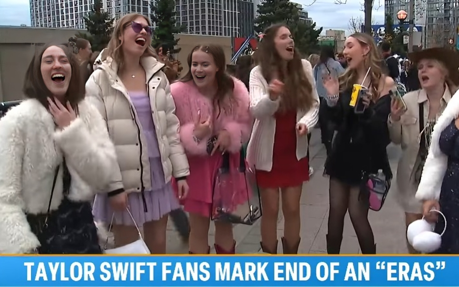Fans celebrating the final encore of Taylor Swift’s 'Eras Tour', featuring an emotional farewell performance